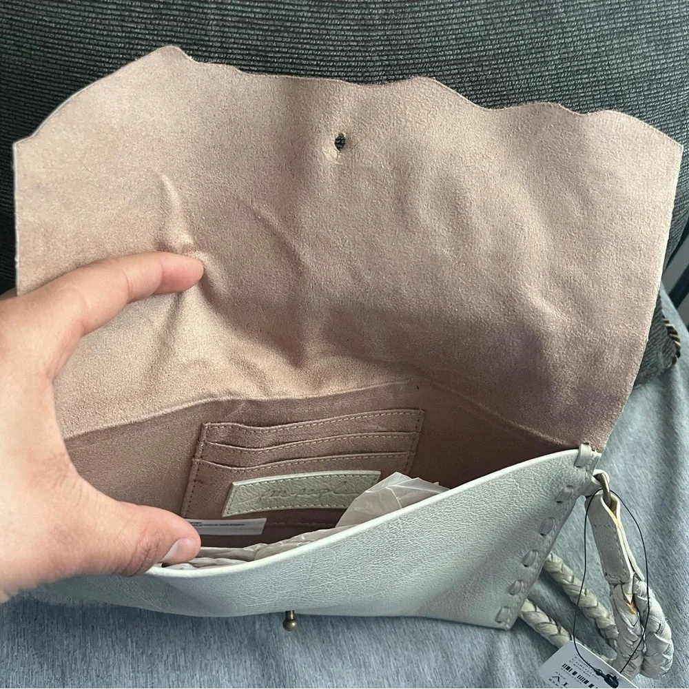 Free People Cream Leather Clutch with Braided Wrist Strap